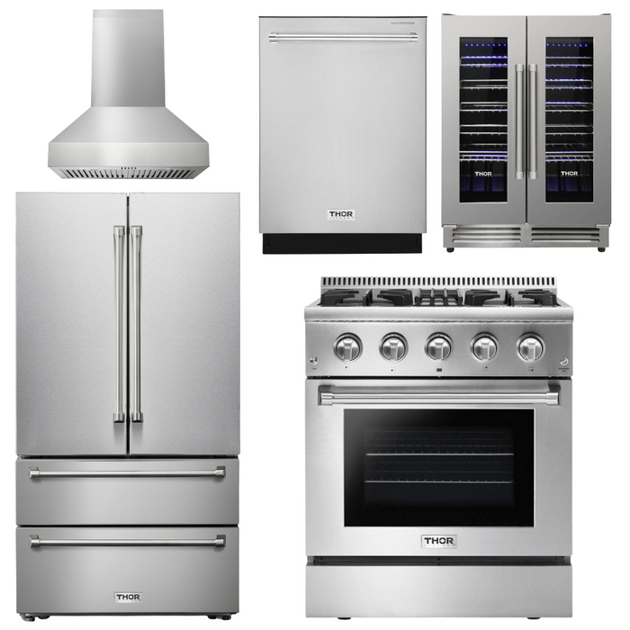 Thor Kitchen Package - 30 In. Natural Gas Burner/Electric Oven Range, Range Hood, Refrigerator, Dishwasher, Wine Cooler, AP-HRD3088U-W-12