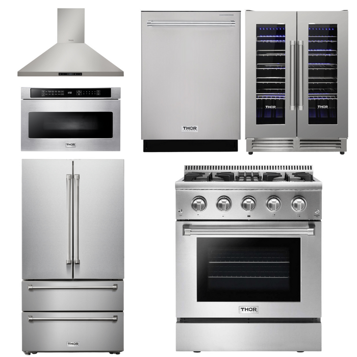 Thor Kitchen Package - 30 In. Propane Gas Burner/Electric Oven Range, Range Hood, Microwave Drawer, Refrigerator, Dishwasher, Wine Cooler, AP-HRD3088ULP-20