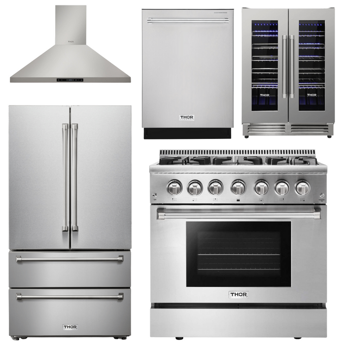 Thor Kitchen Appliance Package - 36 In. Gas Burner/Electric Oven Range, Range Hood, Refrigerator, Dishwasher, Wine Cooler, AP-HRD3606U-17