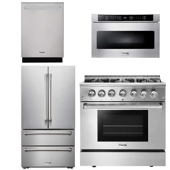 Thor Kitchen Appliance Package - 36" Gas Burner/Electric Oven Range, Microwave Drawer, Refrigerator, Dishwasher, AP-HRD3606U-18