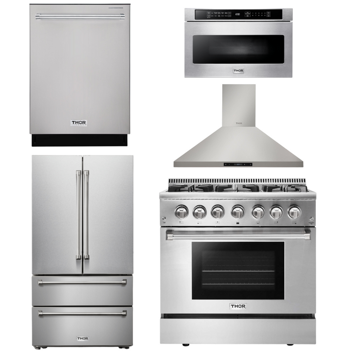 Thor Kitchen Package - 36 In. Propane Gas Burner/Electric Oven Range, Range Hood, Microwave Drawer, Refrigerator, Dishwasher, AP-HRD3606ULP-19