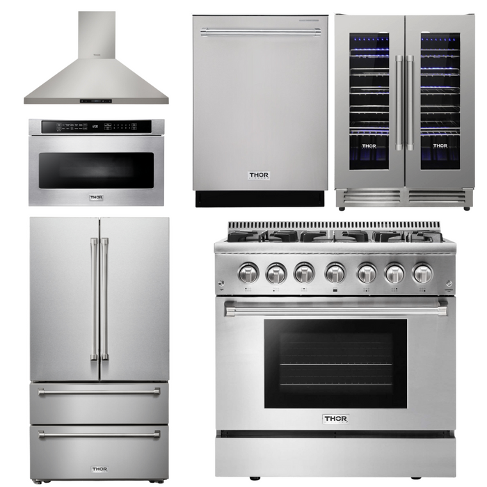 Thor Kitchen Package - 36 In. Propane Gas Burner/Electric Oven Range, Range Hood, Microwave Drawer, Refrigerator, Dishwasher, Wine Cooler, AP-HRD3606ULP-20