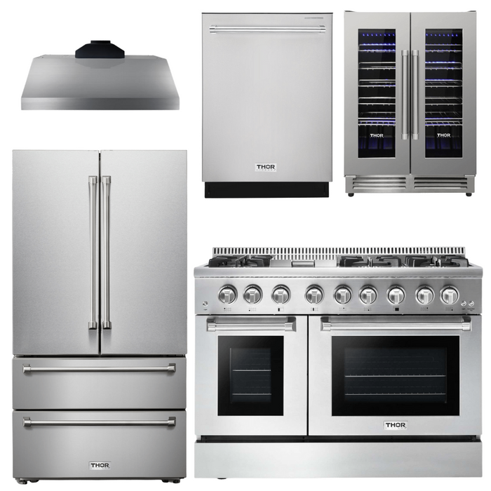 Thor Kitchen Package - 48 In. Dual Fuel Range, Range Hood, Refrigerator, Dishwasher, Wine Cooler, AP-HRD4803U-17