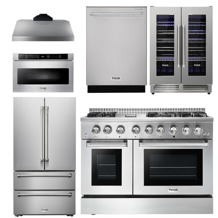 Thor Kitchen Package - 48 In. Dual Fuel Range, Range Hood, Refrigerator, Dishwasher, Microwave Drawer, Wine Cooler, AP-HRD4803U-20