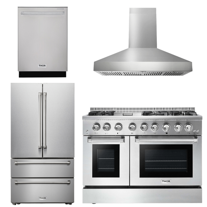 Thor Kitchen Appliance Package - 48 In. Dual Fuel Range, Range Hood, Refrigerator, Dishwasher, AP-HRD4803U-W-11