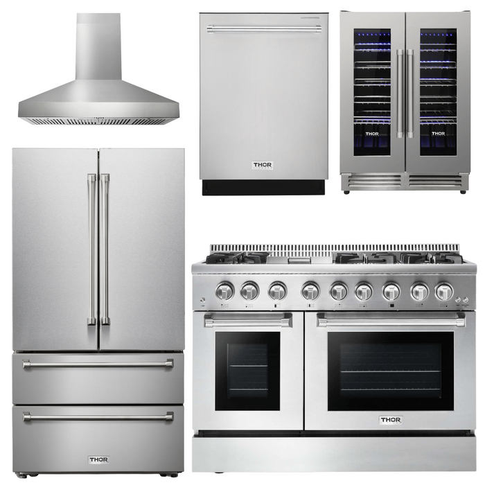 Thor Kitchen Package - 48" Propane Dual Fuel Range, Range Hood, Refrigerator, Dishwasher, Wine Cooler, AP-HRD4803ULP-W-12