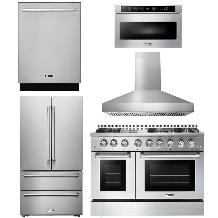 Thor Kitchen Appliance Package - 48 In. Dual Fuel Range, Range Hood, Refrigerator, Dishwasher, Microwave Drawer, AP-HRD4803U-W-13