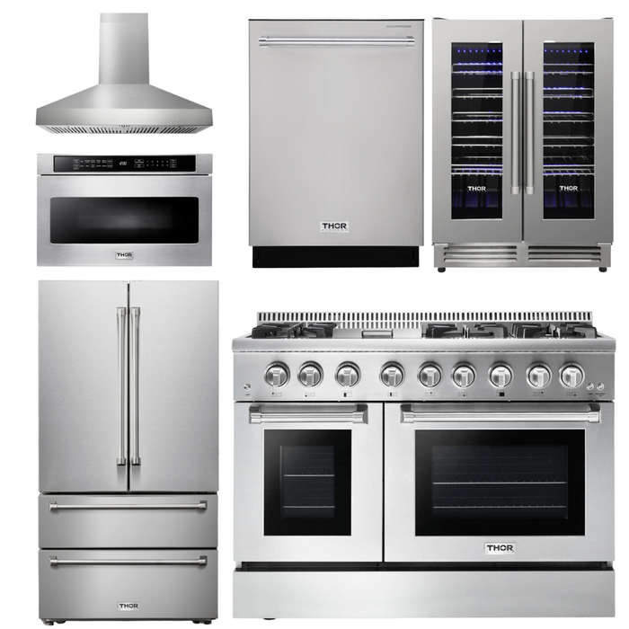 Thor Kitchen Appliance Package - 48 In. Dual Fuel Range, Range Hood, Refrigerator, Dishwasher, Microwave Drawer, Wine Cooler, AP-HRD4803U-W-14