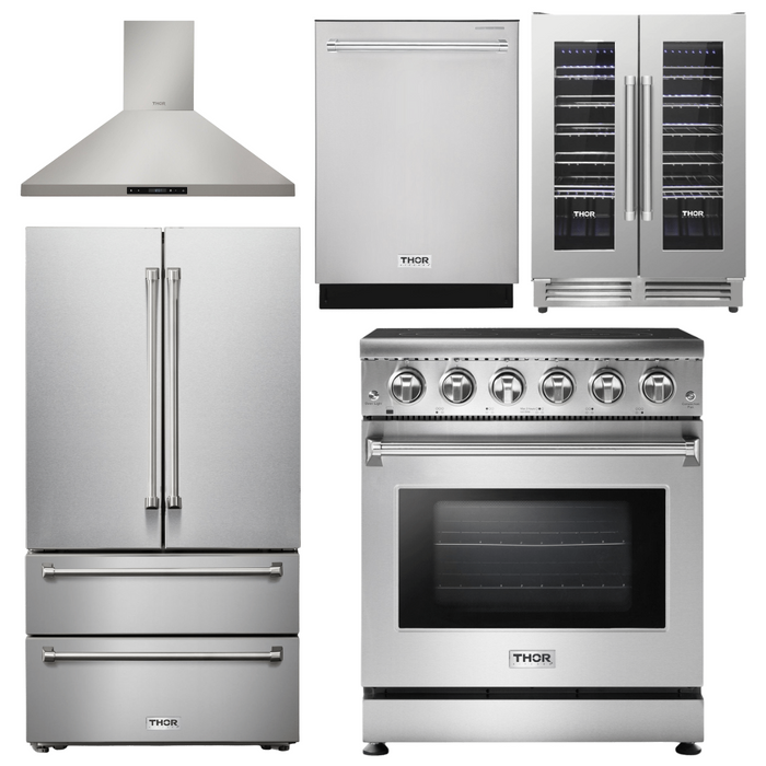 Thor Kitchen Appliance Package - 30 In. Electric Range, Range Hood, Refrigerator, Dishwasher, Wine Cooler, AP-HRE3001-17