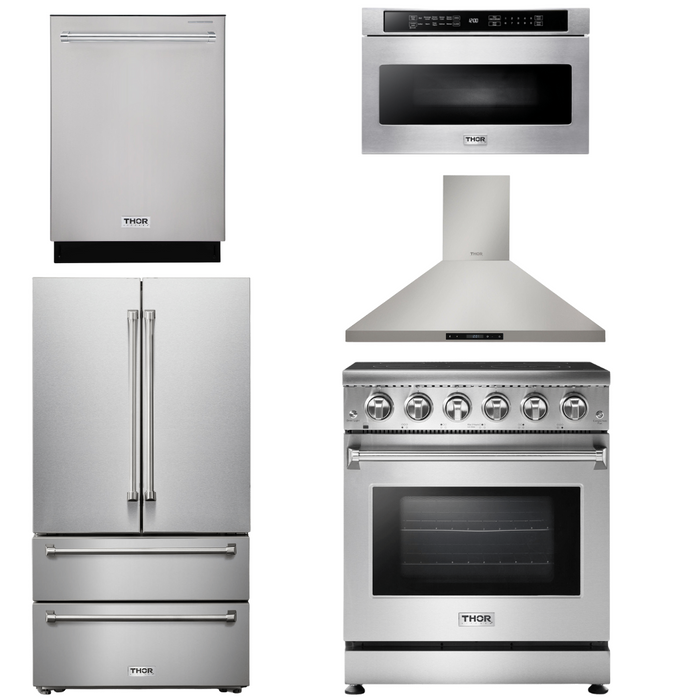 Thor Kitchen Appliance Package - 30 In. Electric Range, Range Hood, Microwave Drawer, Refrigerator, Dishwasher, AP-HRE3001-19