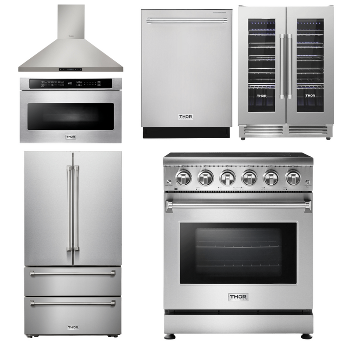 Thor Kitchen Appliance Package - 30 In. Electric Range, Range Hood, Microwave Drawer, Refrigerator, Dishwasher, Wine Cooler, AP-HRE3001-20