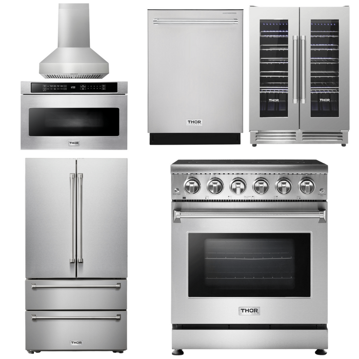 Thor Kitchen Appliance Package - 30 In. Electric Range, Range Hood, Microwave Drawer, Refrigerator, Dishwasher, Wine Cooler, AP-HRE3001-W-14