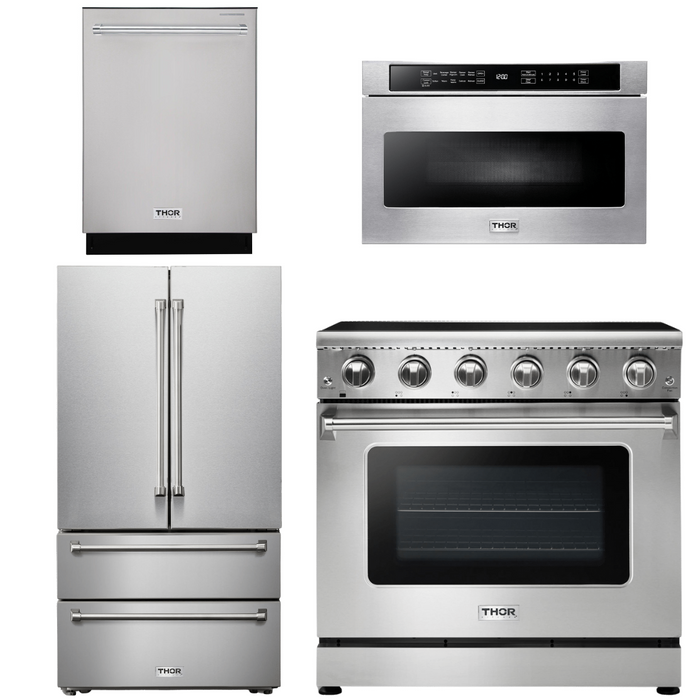 Thor Kitchen Appliance Package - 36 In. Electric Range, Microwave Drawer, Refrigerator, Dishwasher, AP-HRE3601-18