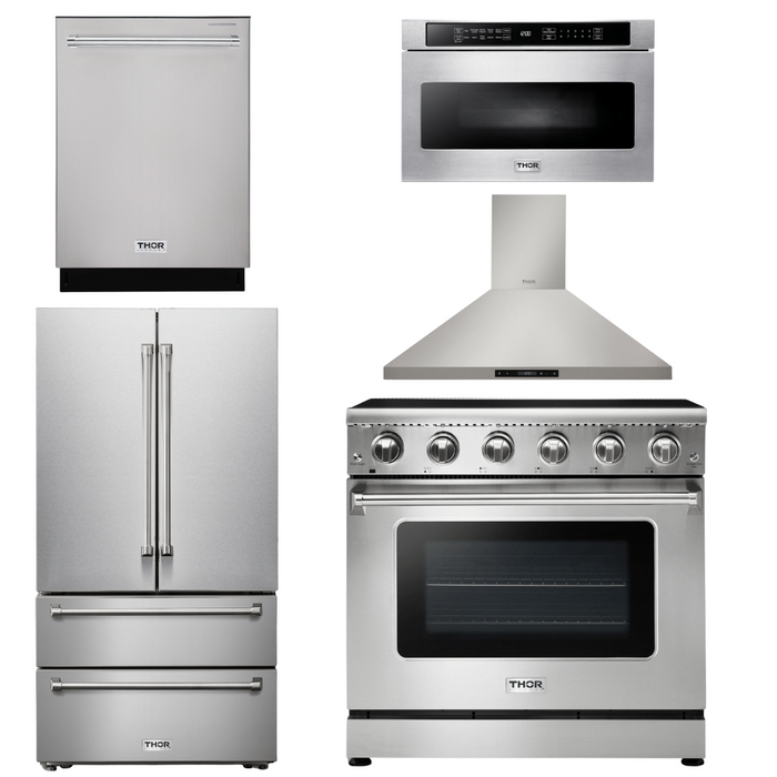 Thor Kitchen Appliance Package - 36 In. Electric Range, Range Hood, Microwave Drawer, Refrigerator, Dishwasher, AP-HRE3601-19