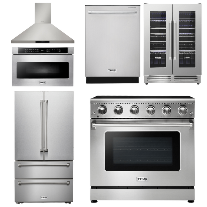 Thor Kitchen Appliance Package - 36 In. Electric Range, Range Hood, Microwave Drawer, Refrigerator, Dishwasher, Wine Cooler, AP-HRE3601-20