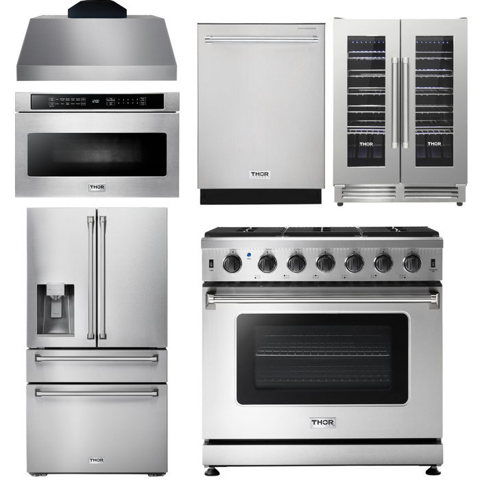 Thor Kitchen Appliance Package - 36 In. Electric Range, Range Hood, Microwave Drawer, Refrigerator with Water and Ice Dispenser, Dishwasher, Wine Cooler, AP-HRE3601-C-10