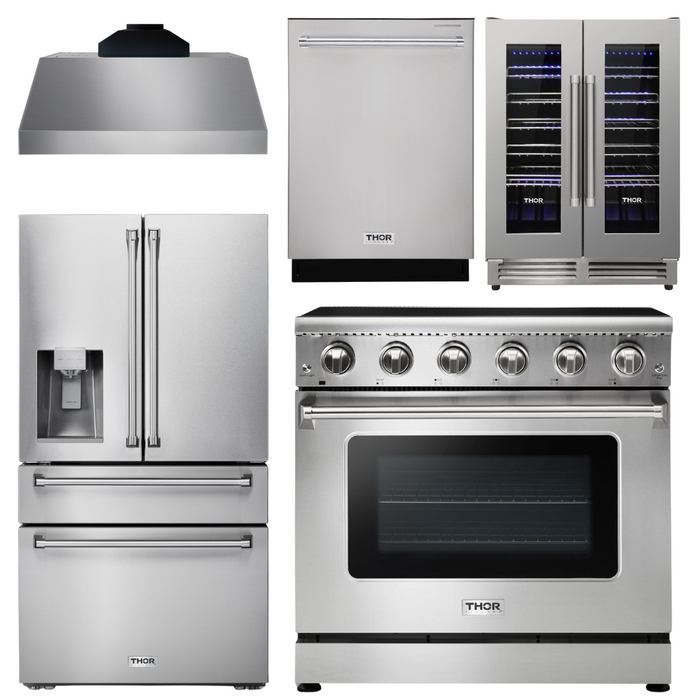 Thor Kitchen Appliance Package - 36 In. Electric Range, Range Hood, Refrigerator with Water and Ice Dispenser, Dishwasher, Wine Cooler, AP-HRE3601-C-8