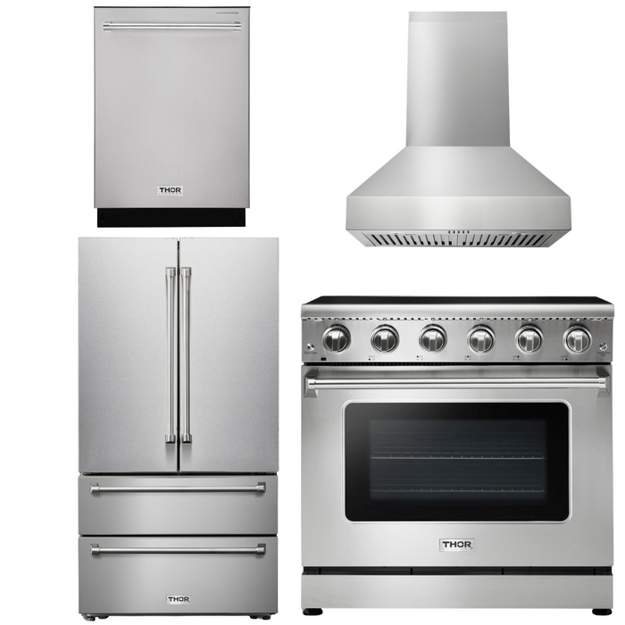 Thor Kitchen Appliance Package - 36 In. Electric Range, Range Hood, Refrigerator, Dishwasher, AP-HRE3601-W-11