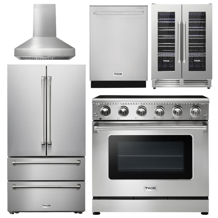 Thor Kitchen Appliance Package - 36 In. Electric Range, Range Hood, Refrigerator, Dishwasher, Wine Cooler, AP-HRE3601-W-12