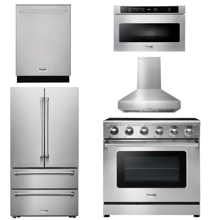 Thor Kitchen Appliance Package - 36 In. Electric Range, Range Hood, Microwave Drawer, Refrigerator with Water and Ice Dispenser, Dishwasher, AP-HRE3601-W-13