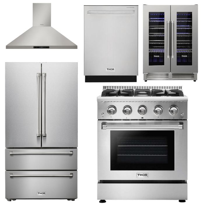 Thor Kitchen Appliance Package - 30 In. Natural Gas Range, Range Hood, Refrigerator, Dishwasher, Wine Cooler, AP-HRG3080U-17