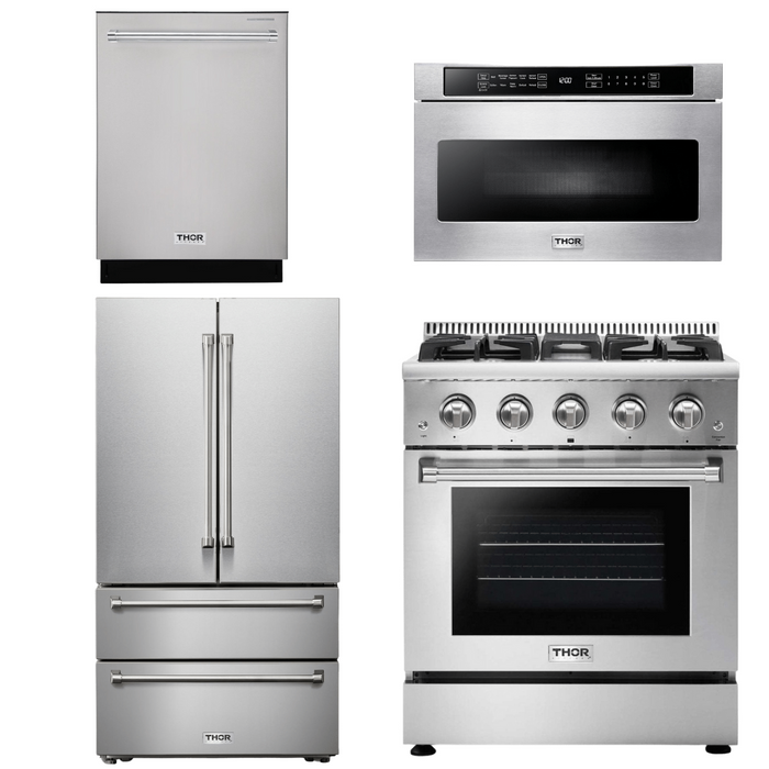 Thor Kitchen Appliance Package - 30 In. Natural Gas Range, Microwave Drawer, Refrigerator, Dishwasher, AP-HRG3080U-18