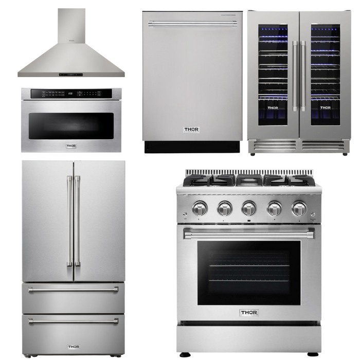 Thor Kitchen Appliance Package - 30 In. Natural Gas Range, Range Hood, Microwave Drawer, Refrigerator, Dishwasher & Wine Cooler, AP-HRG3080U-20