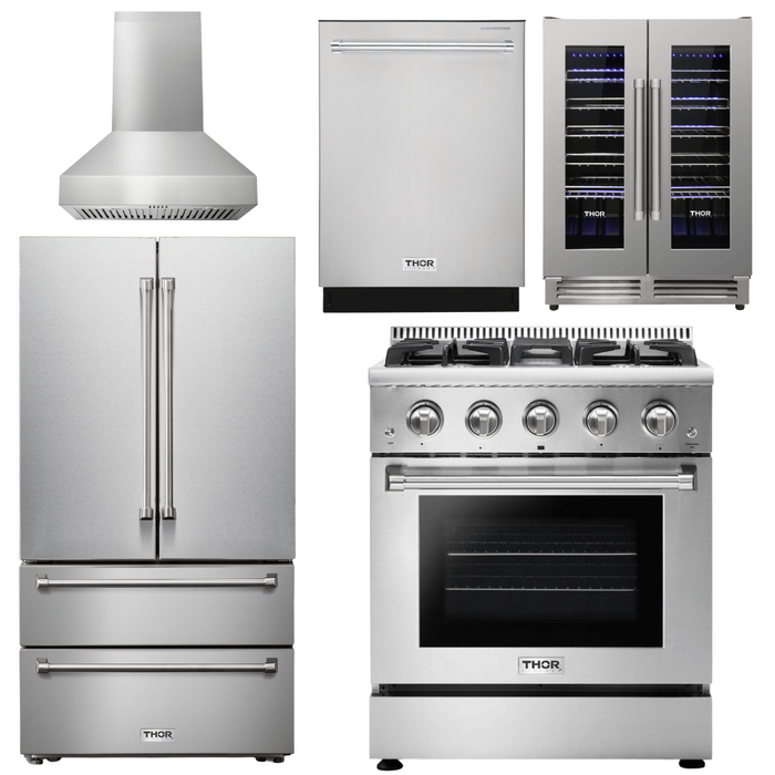 Thor Kitchen Appliance Package - 30 In. Gas Range, Range Hood, Refrigerator, Dishwasher, Wine Cooler, AP-HRG3080U-W-12