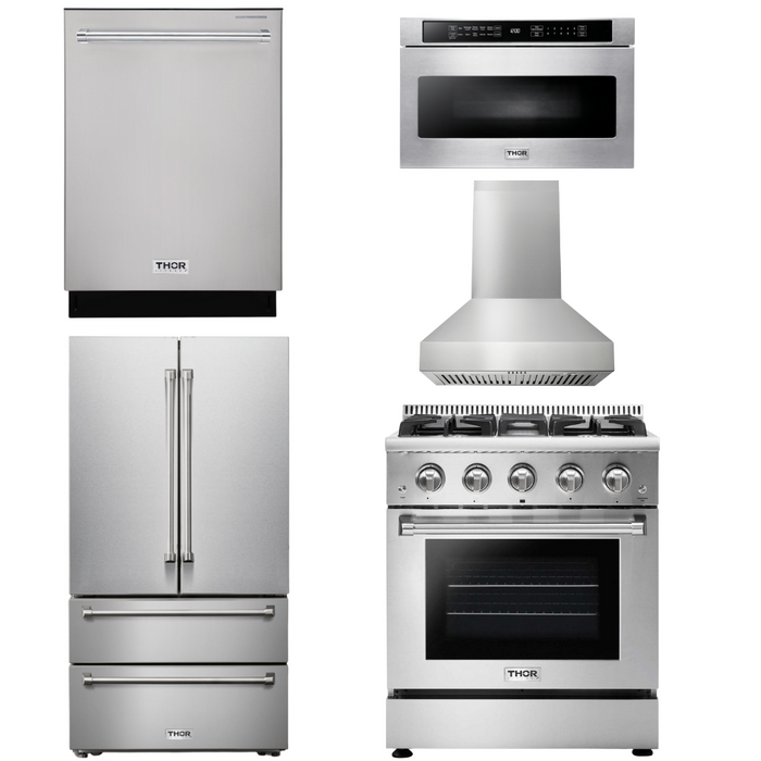 Thor Kitchen Package - 30 In. Propane Gas Burner/Electric Oven Range, Range Hood, Microwave Drawer, Refrigerator, Dishwasher, AP-HRD3088ULP-W-13