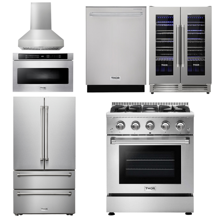 Thor Kitchen Appliance Package - 30 In. Natural Gas Range, Range Hood, Microwave Drawer, Refrigerator with Water and Ice Dispenser, Dishwasher, Wine Cooler, AP-HRG3080U-W-14