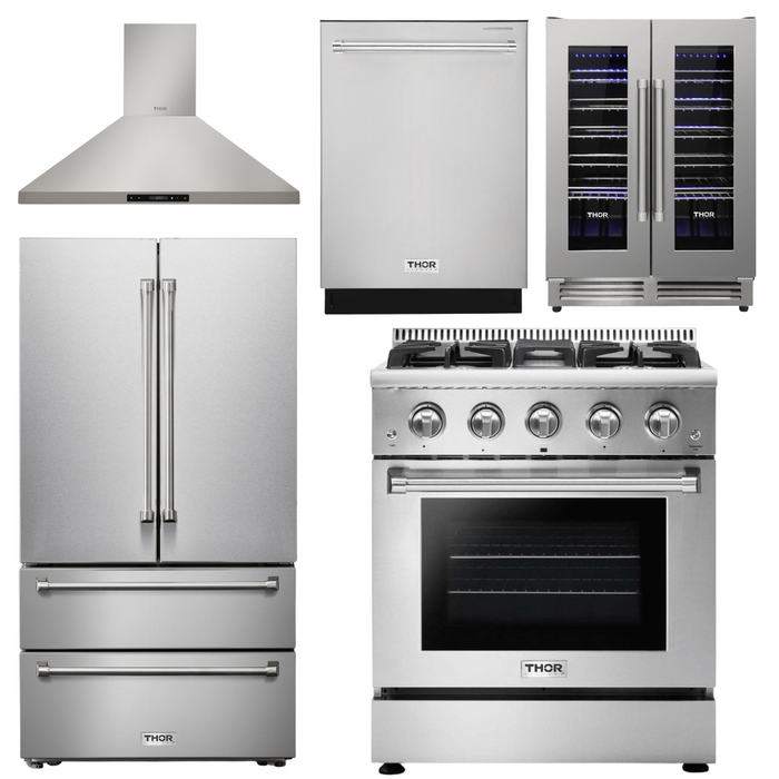 Thor Kitchen Appliance Package - 30 In. Propane Gas Range, Range Hood, Refrigerator, Dishwasher, Wine Cooler, AP-HRG3080ULP-17