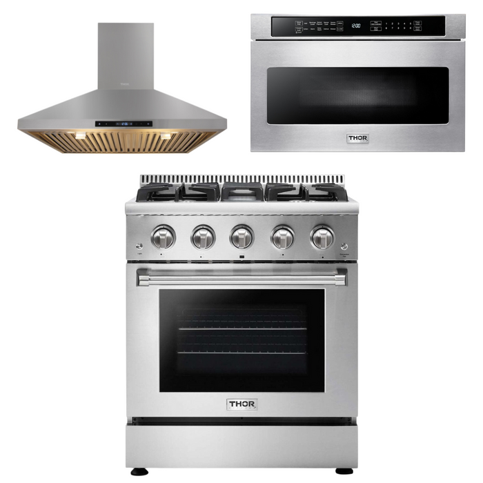 Thor Kitchen Appliance Package - 30 in. Professional Propane Gas Range, Range Hood, Microwave Drawer, AP-HRG3080ULP-5