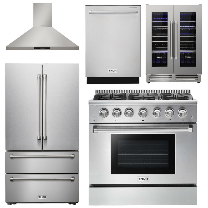 Thor Kitchen Appliance Package - 36 In. Propane Gas Range, Range Hood, Refrigerator, Dishwasher, Wine Cooler, AP-HRG3618ULP-17