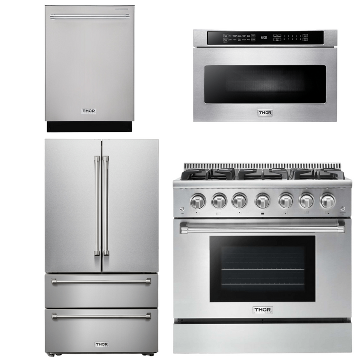 Thor Kitchen Appliance Package - 36 In. Propane Gas Range, Microwave Drawer, Refrigerator, Dishwasher, AP-HRG3618ULP-18