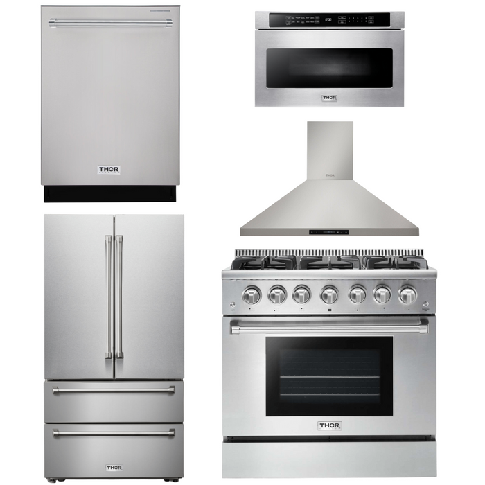 Thor Kitchen Appliance Package - 36 In. Propane Gas Range, Range Hood, Microwave Drawer, Refrigerator, Dishwasher, AP-HRG3618ULP-19