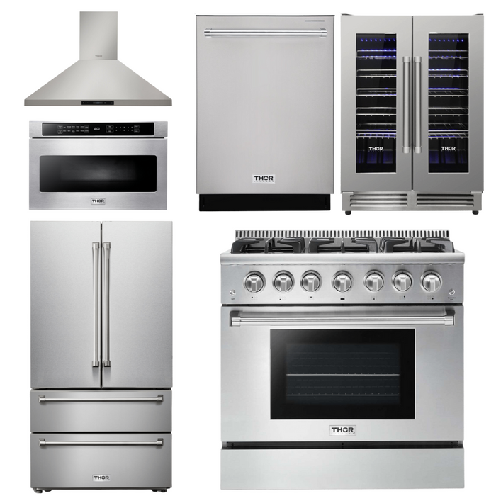 Thor Kitchen Appliance Package - 36 In. Propane Gas Range, Range Hood, Microwave Drawer, Refrigerator, Dishwasher, Wine Cooler, AP-HRG3618ULP-20