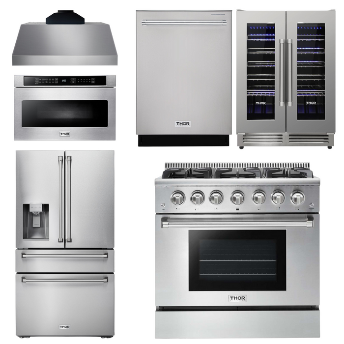 Thor Kitchen Appliance Package - 36 In. Gas Range, Range Hood, Microwave Drawer, Refrigerator with Water and Ice Dispenser, Dishwasher, Wine Cooler, AP-HRG3618U-C-10