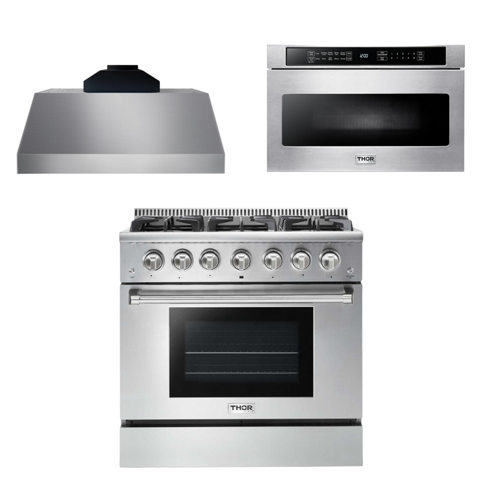 Thor Kitchen Appliance Package - 36 In. Gas Range, Range Hood, Microwave Drawer, AP-HRG3618U-C-4