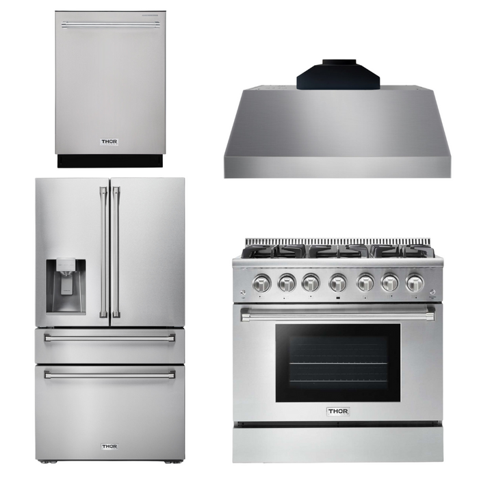 Thor Kitchen Appliance Package - 36 In. Gas Range, Range Hood, Refrigerator with Water and Ice Dispenser, Dishwasher, AP-HRG3618U-C-7