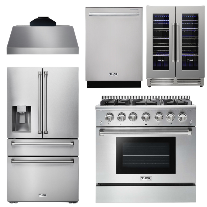 Thor Kitchen Appliance Package - 36 In. Propane Gas Range, Range Hood, Refrigerator with Water and Ice Dispenser, Dishwasher, Wine Cooler, AP-HRG3618ULP-C-8