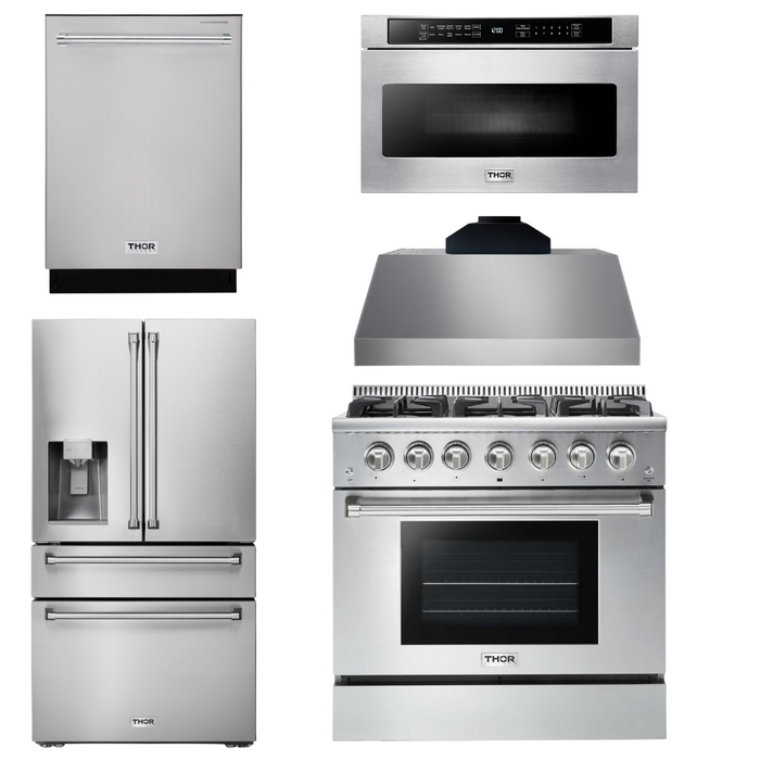 Thor Kitchen Appliance Package - 36 In. Gas Range, Range Hood, Microwave Drawer, Refrigerator with Water and Ice Dispenser, Dishwasher, AP-HRG3618U-C-9