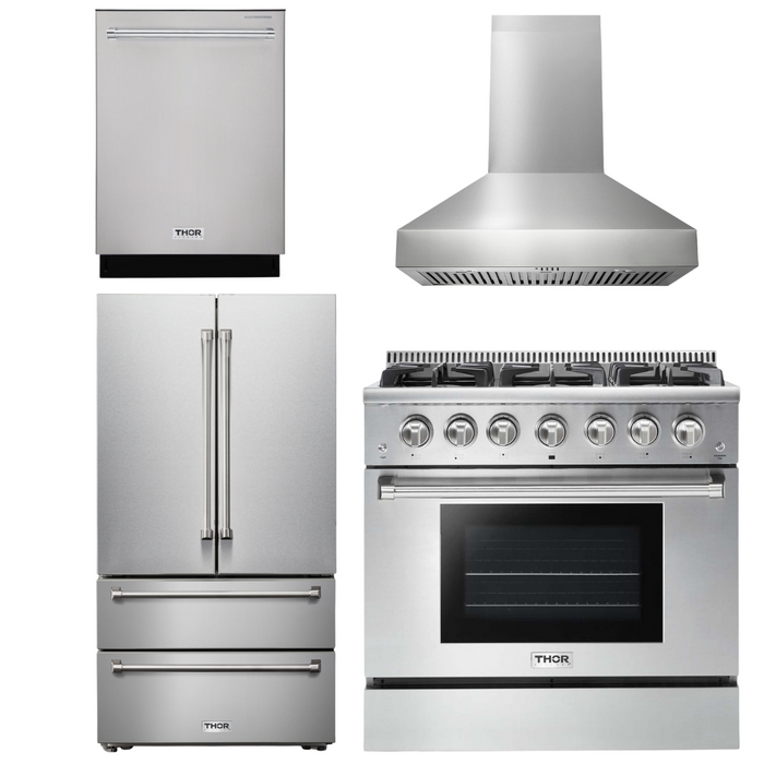 Thor Kitchen Appliance Package - 36 In. Gas Range, Range Hood, Refrigerator, Dishwasher, AP-HRG3618U-W-11