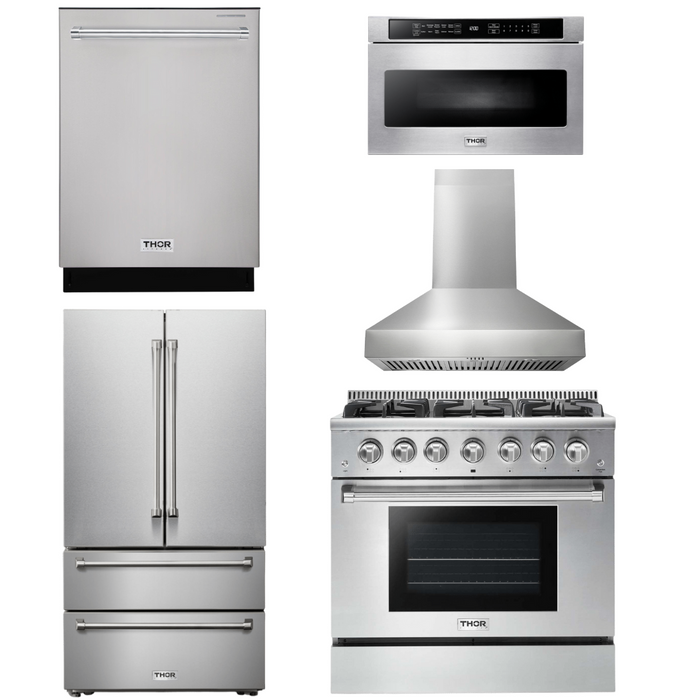 Thor Kitchen Appliance Package - 36 In. Natural Gas Range, Range Hood, Microwave Drawer, Refrigerator, Dishwasher, AP-HRG3618U-W-13