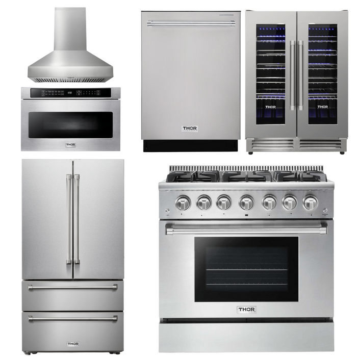 Thor Kitchen Appliance Package - 36 In. Gas Range, Range Hood, Microwave Drawer, Refrigerator, Dishwasher, Wine Cooler, AP-HRG3618U-W-14