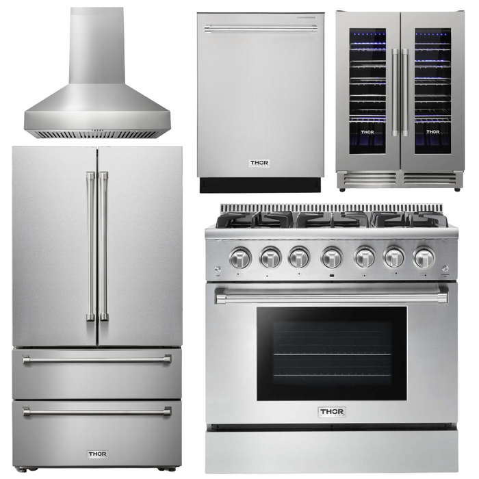 Thor Kitchen Appliance Package - 36 In. Gas Range, Range Hood, Refrigerator, Dishwasher, Wine Cooler, AP-HRG3618U-W-12