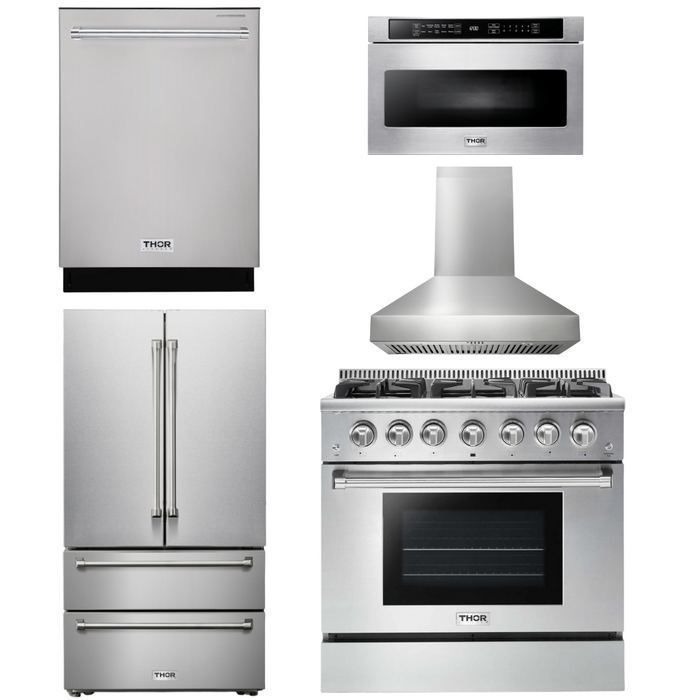 Thor Kitchen Appliance Package - 36 In. Propane Gas Range, Range Hood, Microwave Drawer, Refrigerator, Dishwasher, AP-HRG3618ULP-W-13