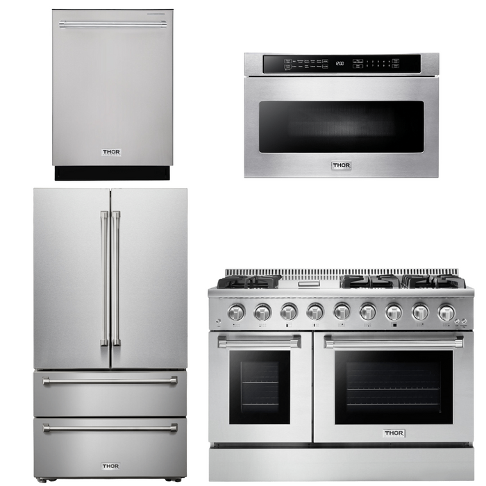 Thor Kitchen Professional Package - 48 In. Natural Gas Range, Refrigerator, Dishwasher, Microwave Drawer, AP-HRG4808U-18