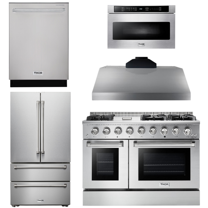 Thor Kitchen Package - 48 In. Natural Gas Range, Range Hood, Refrigerator, Dishwasher, Microwave Drawer, AP-HRG4808U-19