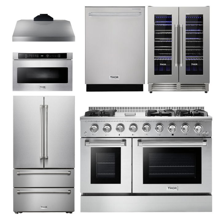 Thor Kitchen Package - 48 In. Propane Gas Range, Range Hood, Refrigerator, Dishwasher, Microwave Drawer, Wine Cooler, AP-HRG4808ULP-20