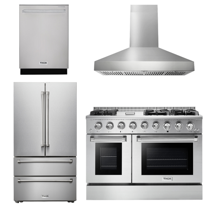 Thor Kitchen Appliance Package - 48 In. Propane Gas Range, Range Hood, Refrigerator, Dishwasher, AP-HRG4808ULP-W-11